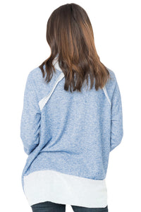 Light Blue Raw Edge Cowl Neck Pullover Sweatshirt