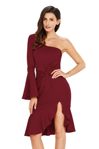 Burgundy Twist and Ruffle Accent One Shoulder Prom Dress