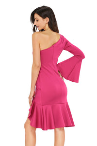 Rosy Twist and Ruffle Accent One Shoulder Prom Dress