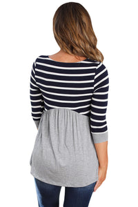 Striped Spliced Gray Contrast 3/4 Sleeve Blouse