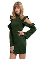 Army Green Cold Shoulder Ruffle Long Sleeve Bodycon Dress