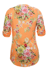 Mustard V Neck Pleat Button Front Floral Tunic Top