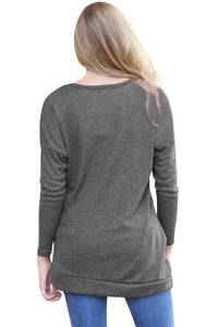 Gray Buttoned Side Long Sleeve Spring Autumn Womens Top