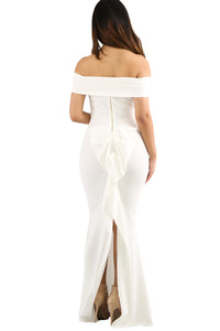 White Foldover Off Shoulder Slinky Long Party Dress