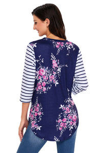 Navy Striped Sleeves and Floral Print Shirt