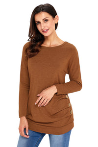 Maroon Buttoned Side Long Sleeve Spring Autumn Womens Top
