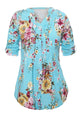 Light Blue V Neck Pleat Button Front Floral Tunic Top