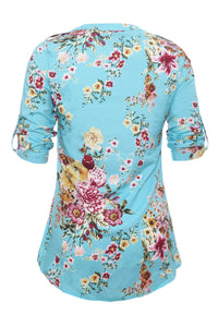 Light Blue V Neck Pleat Button Front Floral Tunic Top