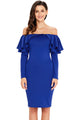 Royal Blue Ruffle Off The Shoulder Long Sleeve Bodycon Dress