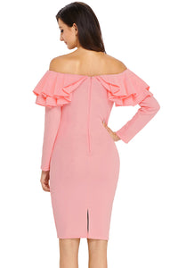 Pink Ruffle Off The Shoulder Long Sleeve Bodycon Dress
