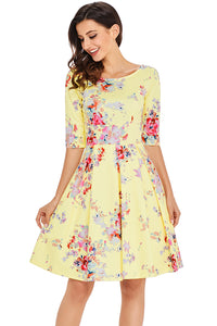 Yellow Vintage Style Floral Half Sleeve Swing Dress