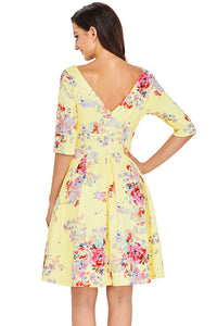 Yellow Vintage Style Floral Half Sleeve Swing Dress