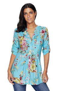 Light Blue V Neck Pleat Button Front Floral Tunic Top