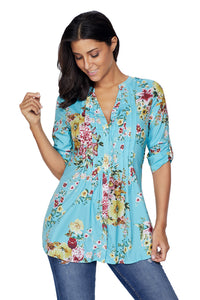 Light Blue V Neck Pleat Button Front Floral Tunic Top