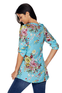 Light Blue V Neck Pleat Button Front Floral Tunic Top