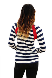 Red Splice Accent Navy White Striped Long Sleeve Shirt