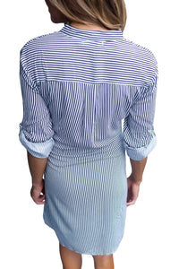 Navy Striped Tie Waist Button Down Shirt Dress