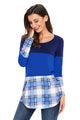 Dual Blue Block Plaid Splice Long Sleeve Top