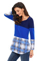 Dual Blue Block Plaid Splice Long Sleeve Top