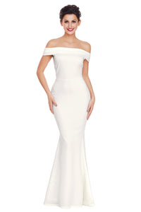 White Foldover Off Shoulder Slinky Long Party Dress