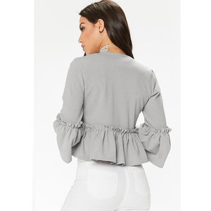 Sexy Puff Sleeves Ruffles Open Front Jacket Short Blazer Outwear #Tops #Grey SA-BLL631-2 Women's Clothes and Blouses & Tops by Sexy Affordable Clothing