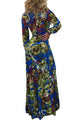Plunge Neck Long Sleeve Slit Print Maxi Dress  SA-BLL51381-1 Fashion Dresses and Maxi Dresses by Sexy Affordable Clothing