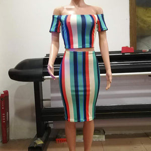 Colorful Striped Off Shoulder Two-Piece Skirt #Off Shoulder #Two Piece #Striped #Colorful SA-BLL282669 Sexy Clubwear and Skirt Sets by Sexy Affordable Clothing