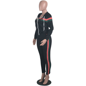 Hooded Casual Collar Striped Two-piece Pants Set #Black #Two Piece #Hooded #Striped SA-BLL2697-1 Sexy Clubwear and Pant Sets by Sexy Affordable Clothing