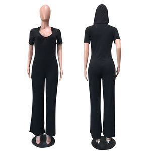 Short Sleeve Wide Leg Hooded Jumpsuit #V Neck #Short Sleeve #Hooded SA-BLL55574 Women's Clothes and Jumpsuits & Rompers by Sexy Affordable Clothing