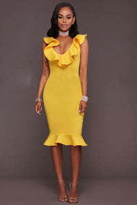 Frida Yellow Ruffle Ponti Midi Dress  SA-BLL36147-1 Fashion Dresses and Midi Dress by Sexy Affordable Clothing