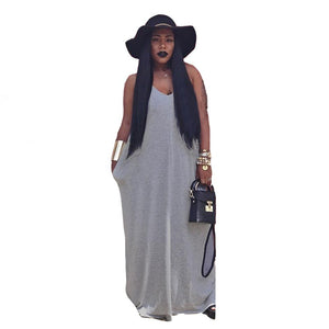 Casual V Neck Cotton Floor Length Dress #Grey #Sleeveless #Floor Length SA-BLL51444-2 Fashion Dresses and Maxi Dresses by Sexy Affordable Clothing