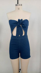 Bow-Tie Denim Romper #Zipper #Denim SA-BLL55500 Women's Clothes and Jumpsuits & Rompers by Sexy Affordable Clothing