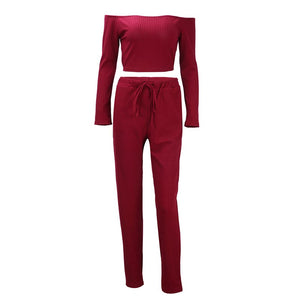 Red Ribbed Knit Off Shoulder Two Piece Set #Long Sleeve #Two Pieces #High Waist SA-BLL2183-2 Sexy Clubwear and Pant Sets by Sexy Affordable Clothing