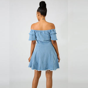 Off Shoulder A-Line Denim Girly Raw Dress #Off Shoulder #Denim #A-Line SA-BLL282689 Fashion Dresses and Midi Dress by Sexy Affordable Clothing