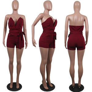 Sexy Strapless Sweetheart Plain Rompers With Belt #V-Neck #Strapless #Claret SA-BLL55511-3 Women's Clothes and Jumpsuits & Rompers by Sexy Affordable Clothing