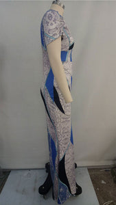 Blue Nude Snake Print V Neck Maxi Dress #V Neck #Print SA-BLL51438-1 Fashion Dresses and Maxi Dresses by Sexy Affordable Clothing