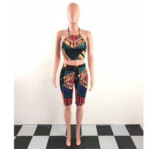 Colorful Print Halter Top and Mid Pants #Halter #Two Piece #Print SA-BLL282774 Sexy Clubwear and Pant Sets by Sexy Affordable Clothing
