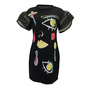 Black Stylish Printed Mesh Flounced Sleeve Shirt Dress #Short Sleeve SA-BLL2187-1 Fashion Dresses and Mini Dresses by Sexy Affordable Clothing