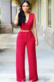 Deep V-Neck Red Belted Jumpsuit  SA-BLL55169-1 Women's Clothes and Jumpsuits & Rompers by Sexy Affordable Clothing