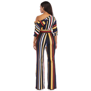 One Off Shoulder Print Colorful Striped Jumpsuits With Belt #One Shoulder #Striped SA-BLL55375-1 Women's Clothes and Jumpsuits & Rompers by Sexy Affordable Clothing