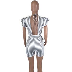 Casual V Neck Striped White One-piece Short Jumpsuits #V Neck #Striped SA-BLL55525 Women's Clothes and Jumpsuits & Rompers by Sexy Affordable Clothing