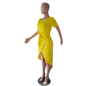 Casual Yellow Ankle Length Asymmetrical Dress #Short Sleeve #O Neck #Asymmetrical SA-BLL51487 Fashion Dresses and Midi Dress by Sexy Affordable Clothing
