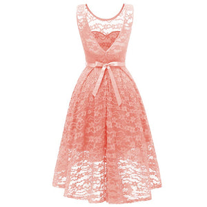 Lace Sleeveless Dovetail Bridesmaid Dress With Bow #Lace #Pink #Vintage #A-Line #Slash Neck SA-BLL36162-2 Fashion Dresses and Midi Dress by Sexy Affordable Clothing