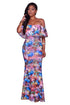 Veronique Blue Multi-Color Floral Print Off-The-Shoulder Maxi Dress #Blue