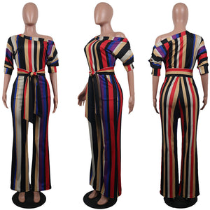 One Off Shoulder Print Colorful Striped Jumpsuit w/ Belt #One Shoulder #Striped SA-BLL55515-1 Women's Clothes and Jumpsuits & Rompers by Sexy Affordable Clothing