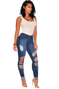 Dark Wash Denim Ripped Skinny Jeans  SA-BLL553 Women's Clothes and Jeans by Sexy Affordable Clothing