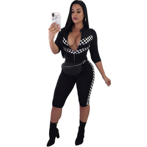 Joanna Checkered Sport Romper #Black #V Neck #Racing #Sport SA-BLL55466-1 Women's Clothes and Jumpsuits & Rompers by Sexy Affordable Clothing