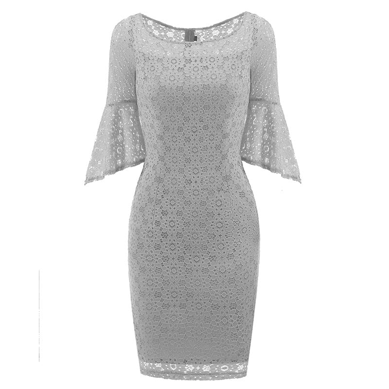 Hollow Out Plain Lace Bell Sleeve Bodycon Dress #Bodycon Dress #Grey ...