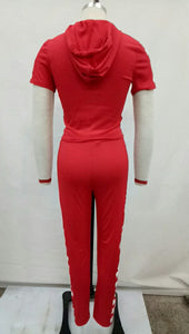 Hooded Sport Racing Plaid Two Piece Set #Red #Short Sleeve #Two Piece #Hooded SA-BLL282440-2 Sexy Clubwear and Pant Sets by Sexy Affordable Clothing