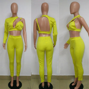 Asymmetric One Shoulder Backless Sexy Two-piece Suit #Yellow SA-BLL27845-2 Sexy Clubwear and Pant Sets by Sexy Affordable Clothing